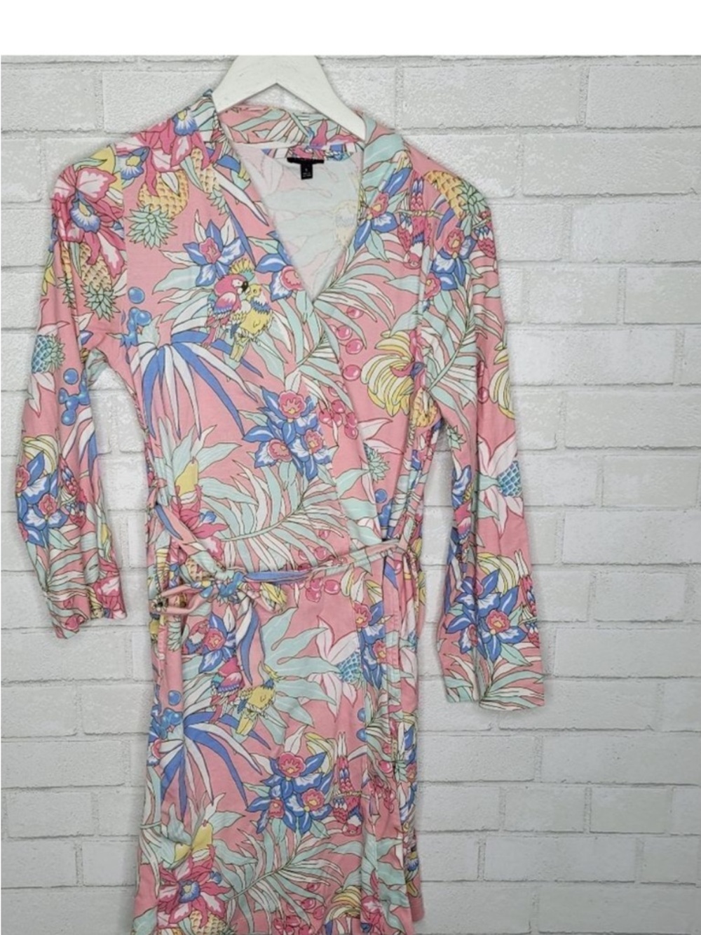 Talbots Pastel Tropical Floral Wrap Robe with belt Pink, Blue and Mint Green S